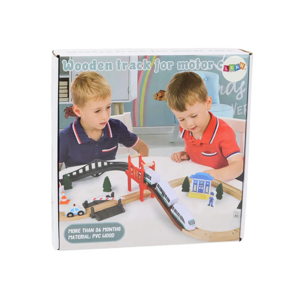 Drewniana kolejka z pociągiem i akcesoriami edukacyjnymi dla dzieci