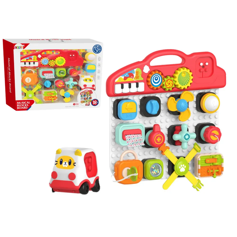 Interaktywny panel sensoryczny dla dzieci z kolorowym pianinkiem i elementami edukacyjnymi