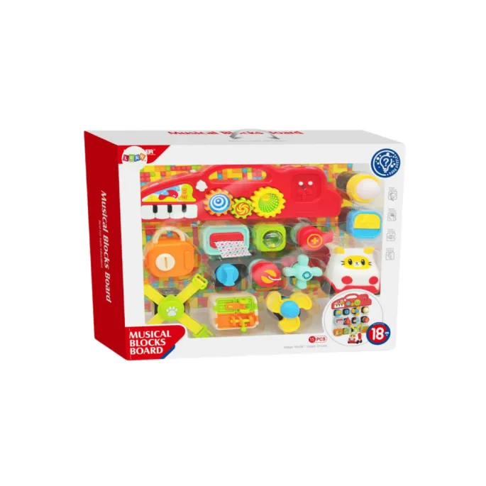 Panel edukacyjny z pianinkiem, kolorowymi przyciskami i rączką dla najmłodszych