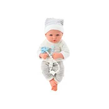 Lalka Bobas w Biało-Szarym Ubranku W Paski Czapeczka Smoczek Kołderka