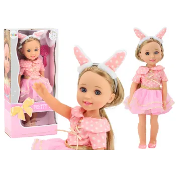 Lalka w różowej sukience z długimi blond włosami i opaską 38cm