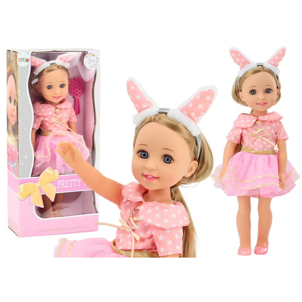 Lalka w różowej sukience z długimi blond włosami i opaską 38cm