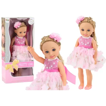 Lalka 38cm w różowej sukience z długimi włosami i akcesoriami do włosów