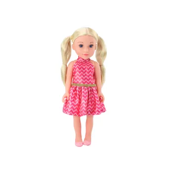 Blond lalka o ruchomych kończynach w stylowej różowej kreacji