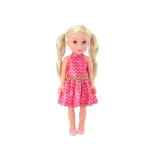 Blond lalka o ruchomych kończynach w stylowej różowej kreacji