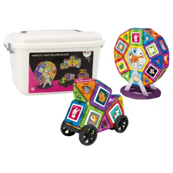 Kolorowe klocki magnetyczne w praktycznym kuferku z uchwytem do przenoszenia