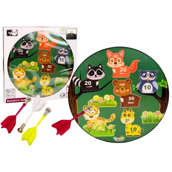 Magnetyczna gra w rzutki z zieloną tarczą i motywem zwierząt dla dzieci