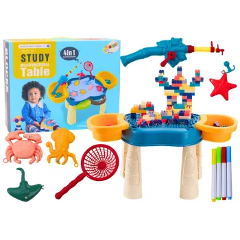 Niebieski stolik edukacyjny 4w1 do budowania, rysowania i łowienia rybek