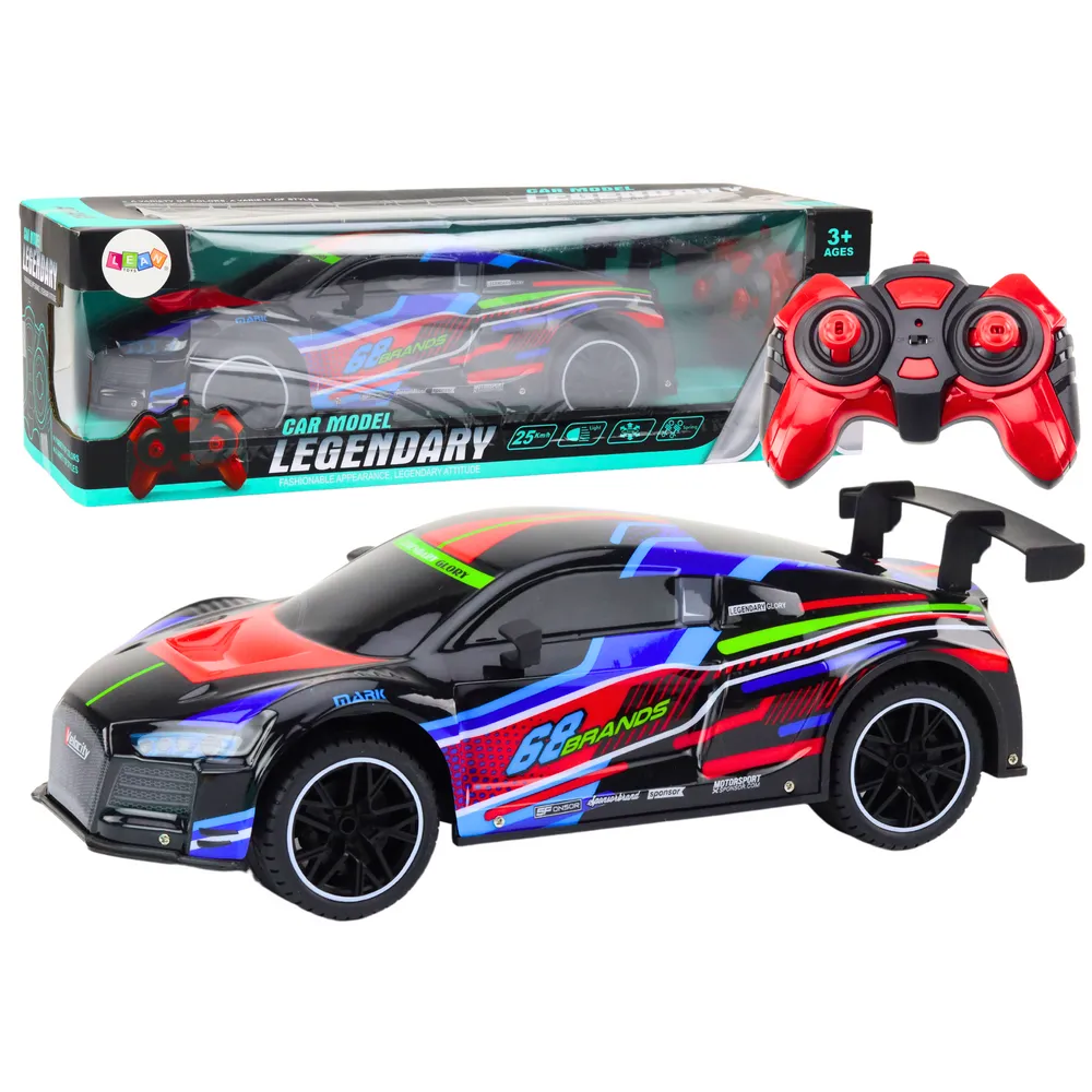 Czarne sportowe auto RC 1:10 z LED jadące po asfalcie