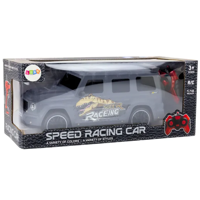 Widok opakowania auta RC z motywem dinozaura, wymiary i szczegóły produktu