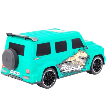 Model samochodu zdalnie sterowanego z dużymi kołami i grafiką dinozaura