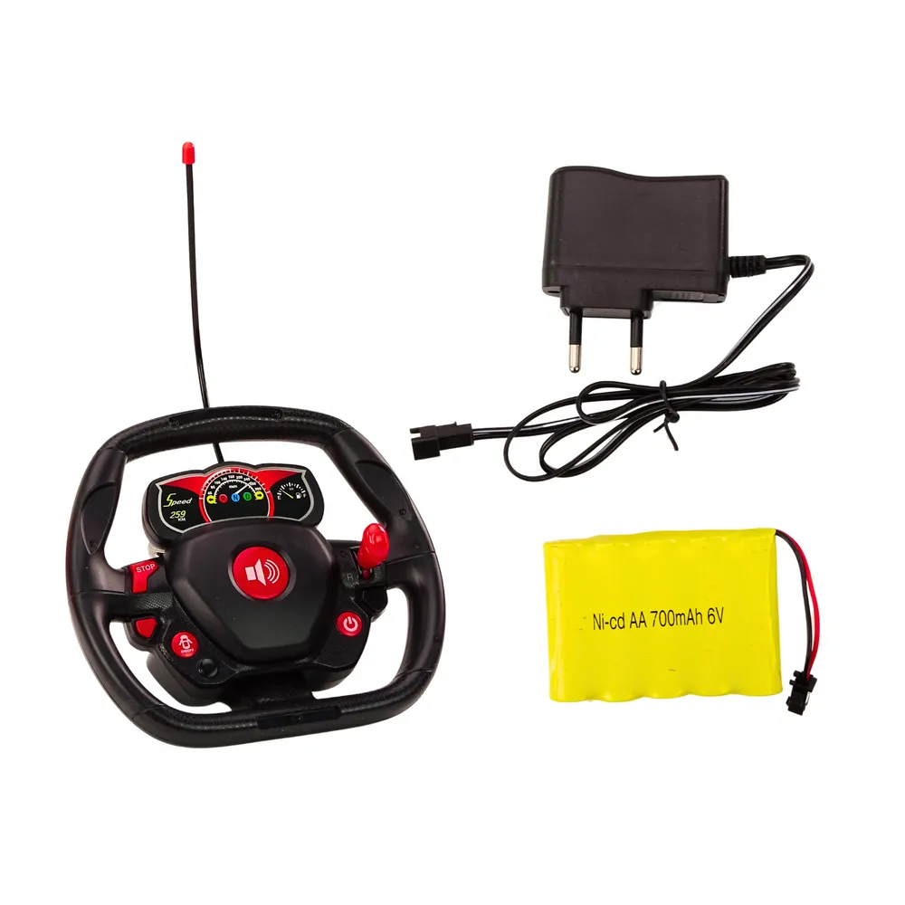 Samochód RC na tle białym z widocznymi detalami karoserii i światłami