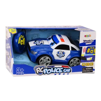 Autko policyjne zdalnie sterowane widoczne z boku, gotowe do zabawy