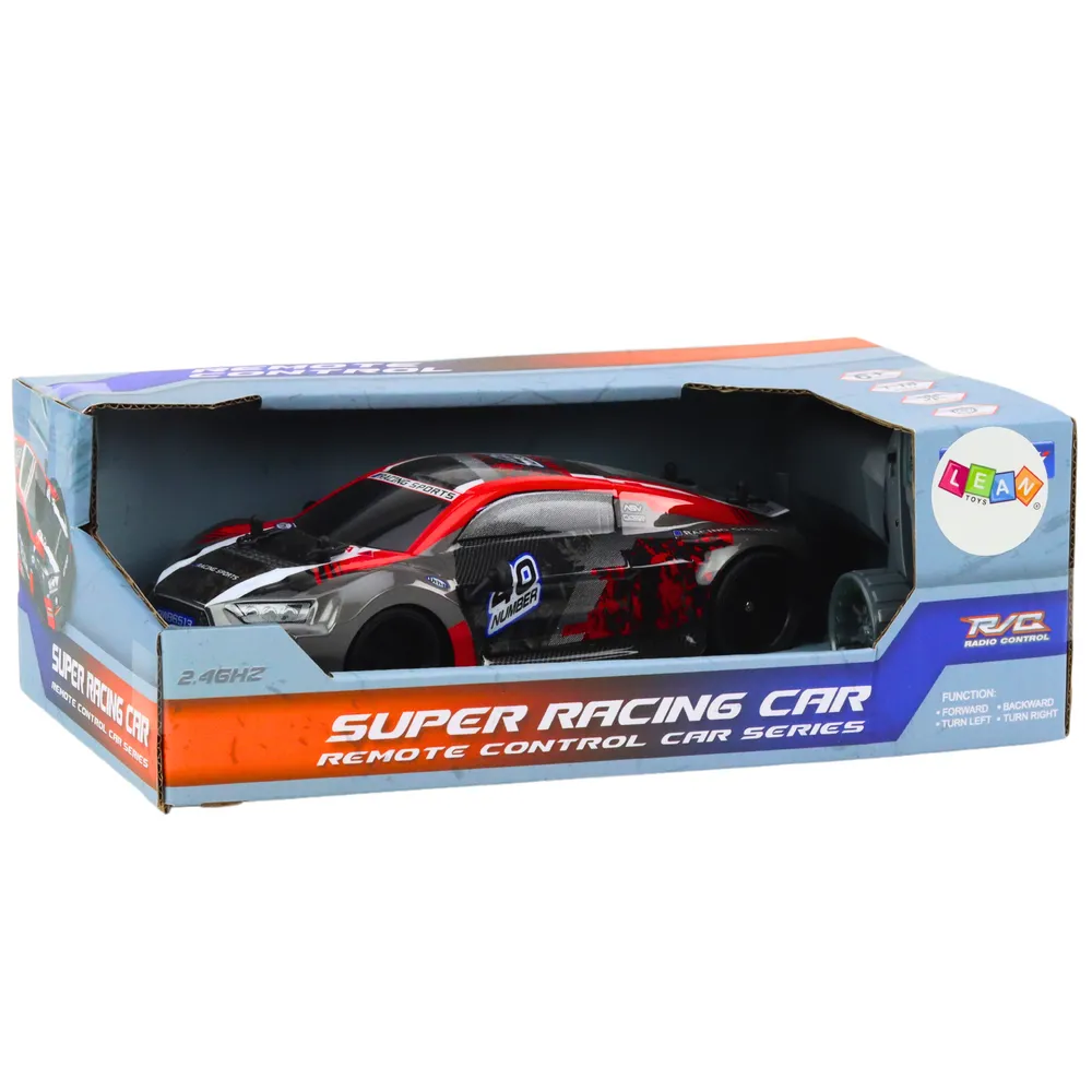 Autko zdalnie sterowane 1:18 w dynamicznym, czerwonym kolorze na tle