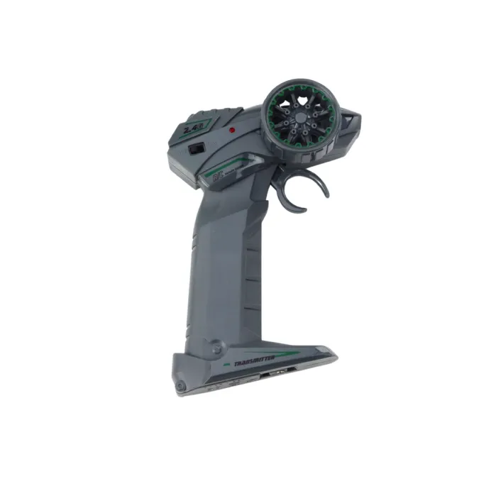 Zbliżenie na detal sportowej sylwetki niebieskiego autka RC do driftu