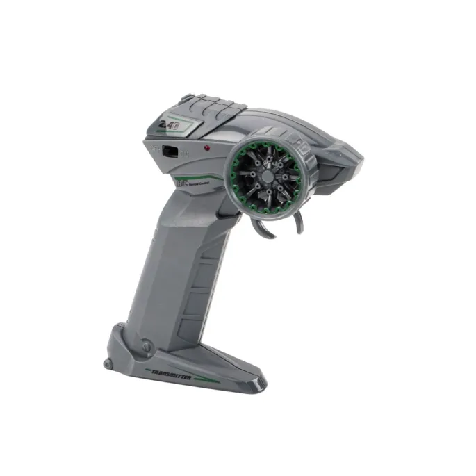 Szczegółowy widok zielonego samochodu RC do driftu na białym tle