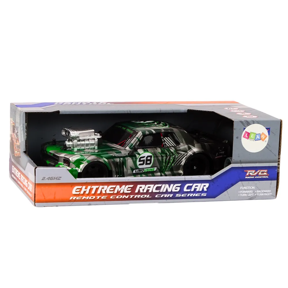 Autko wyścigowe RC 1:16 zielone, widok na gumowe koła i sportową sylwetkę