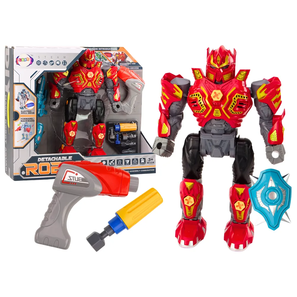 Robot do skręcania z akcesoriami i czerwonym korpusem na białym tle