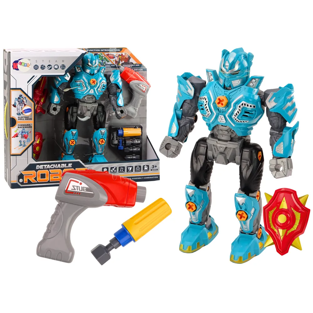 Turkusowy robot do skręcania z wiertarką i śrubokrętem dla dzieci