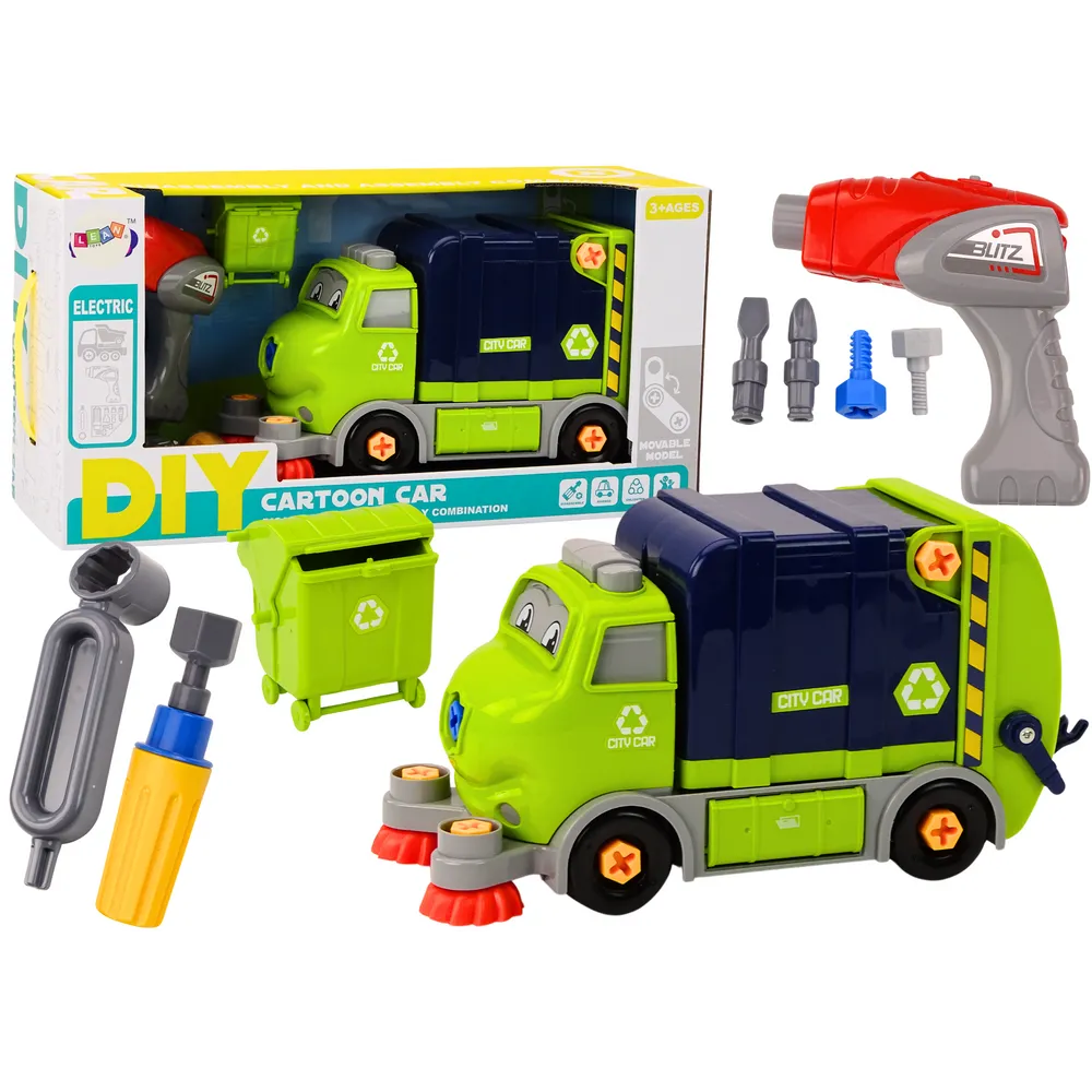 Granatowa śmieciarka kreskówkowa do skręcania dla dzieci