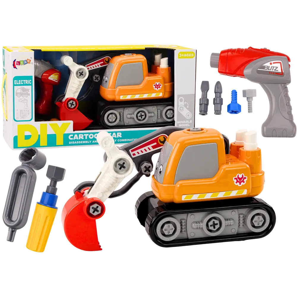 Pomarańczowa koparka gąsienicowa DIY dla dzieci do samodzielnego składania