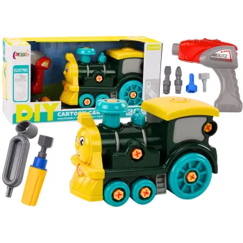 Zielona lokomotywa do skręcania DIY dla dzieci z narzędziami w zestawie