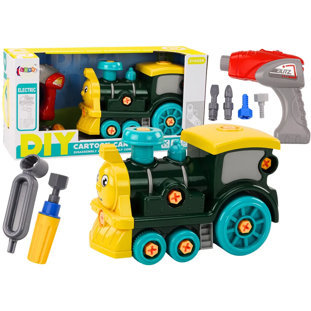 Zielona lokomotywa do skręcania DIY dla dzieci z narzędziami w zestawie