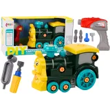 Zielona lokomotywa do skręcania DIY dla dzieci z narzędziami w zestawie