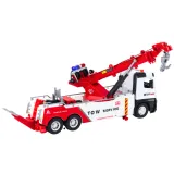 Zbliżenie na obrotowy dźwig i przyczepę zabawki biało-czerwonej dla dzieci