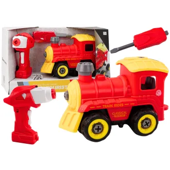 Czerwona lokomotywa RC do samodzielnego skręcania z wiertarką-pilotem