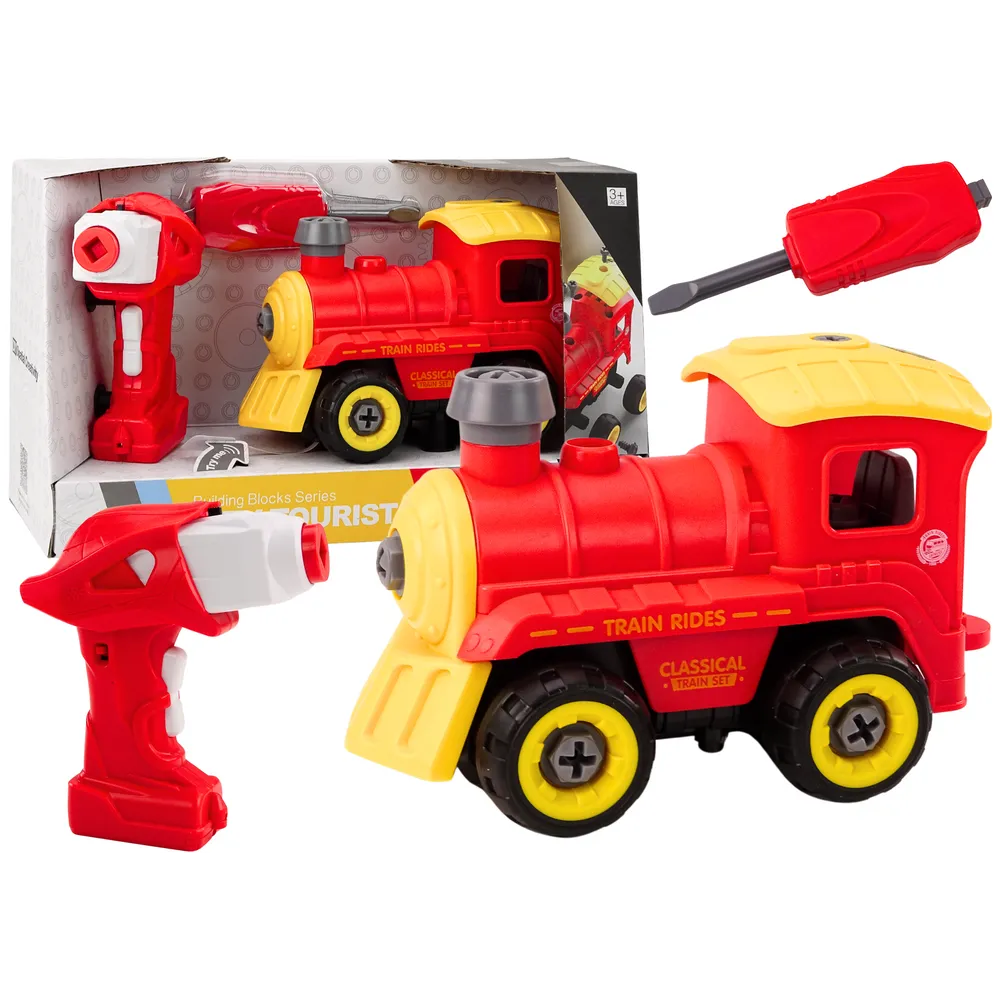 Czerwona lokomotywa RC do samodzielnego skręcania z wiertarką-pilotem