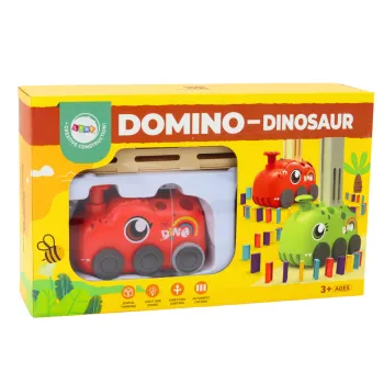 Zestaw z autkiem dinozaurem oraz czterema kolorami domino