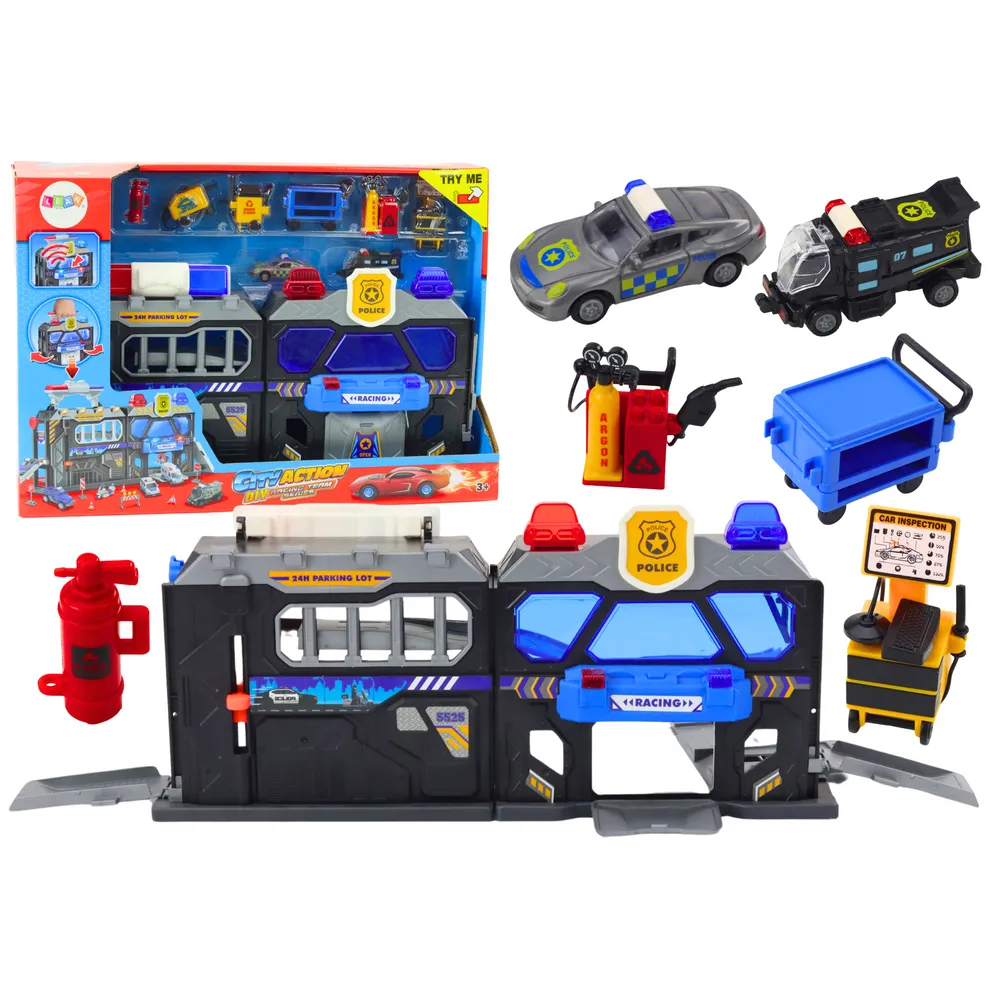 Rozkładany garaż policyjny z torami i samochodzikami dla dzieci