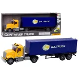 Żółta ciężarówka TIR z naczepą i kontenerem na białym tle