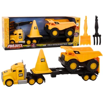 Zestaw maszyn budowlanych z żółtą ciężarówką i wywrotką dla dzieci