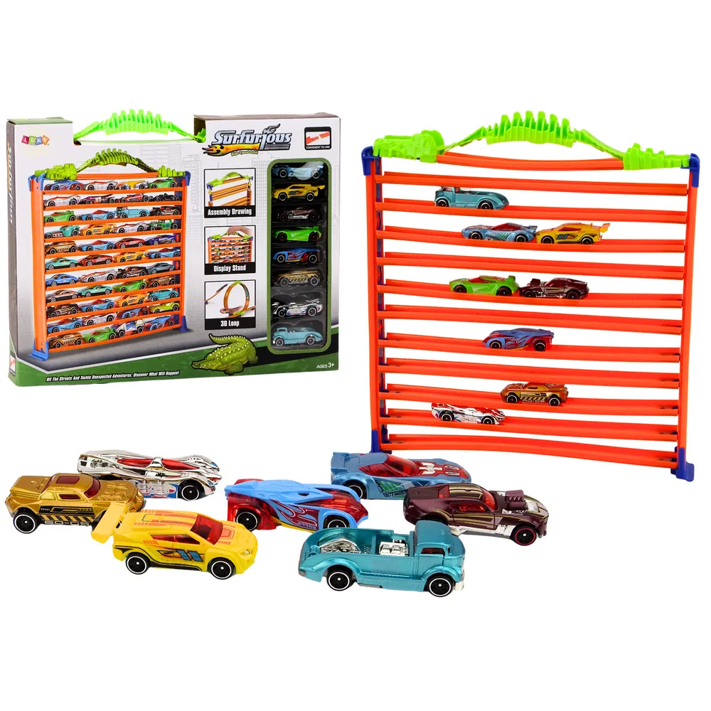 Zestaw garaż i tor samochodowy 2w1 z pętlą 360 i resorakami