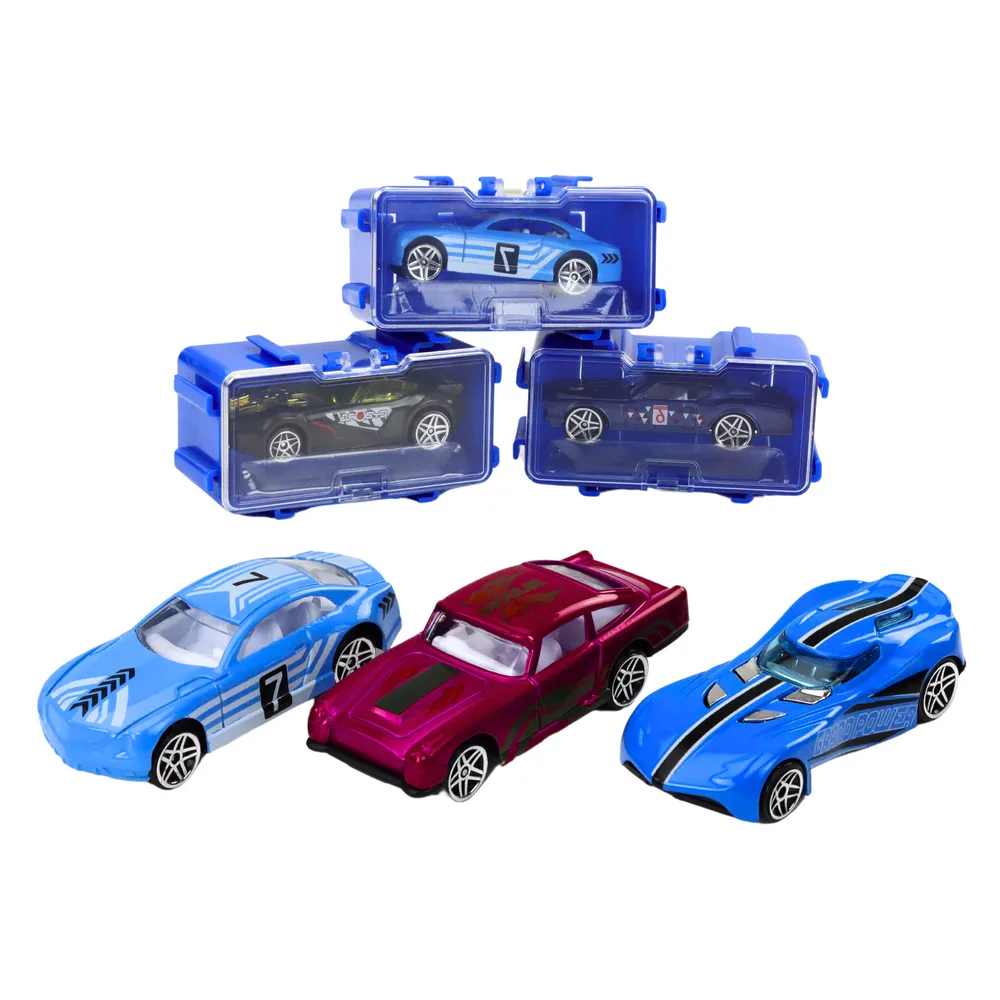 Kolorowe metalowe autka resoraki ułożone w walizce z przegródkami
