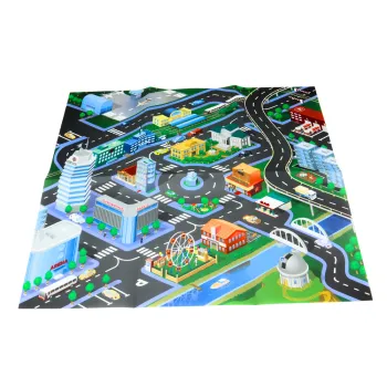 Zabawkowe samochody i akcesoria miejskie na macie do zabawy