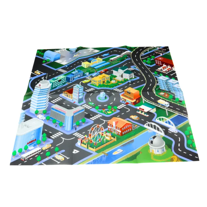 Zabawkowe samochody i akcesoria miejskie na macie do zabawy