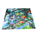 Zabawkowe samochody i akcesoria miejskie na macie do zabawy