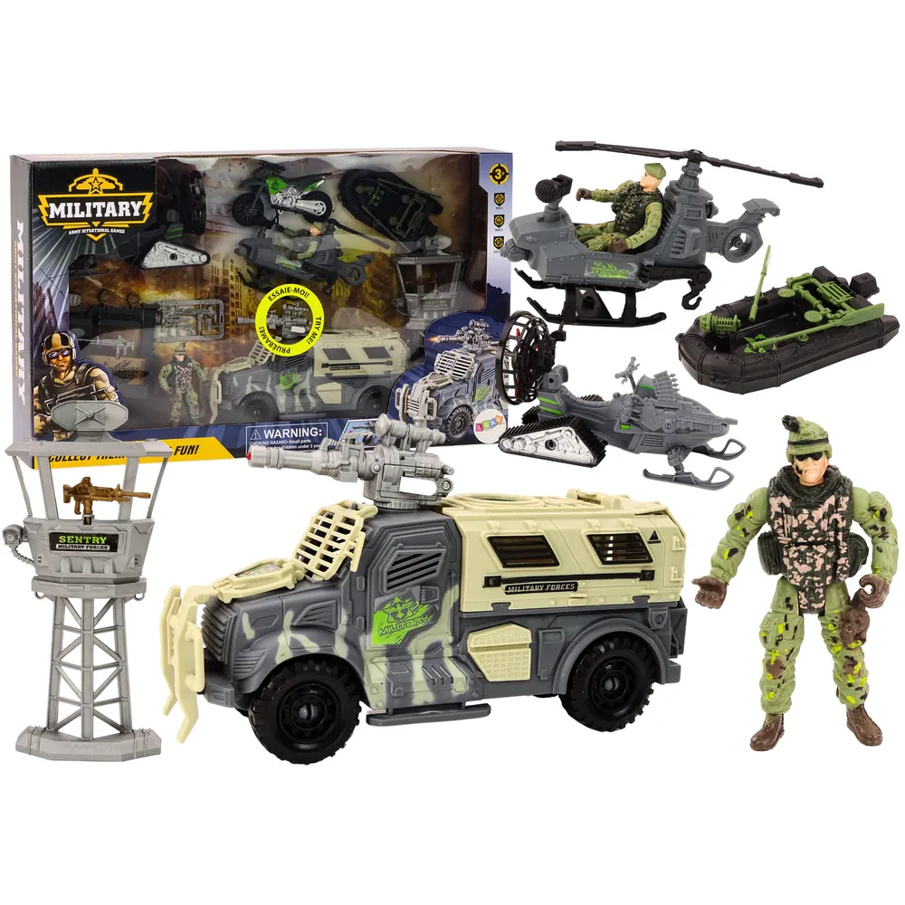 wojskowy wóz bojowy z akcesoriami dla dzieci na białym tle