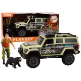 Beżowy terenowy samochód myśliwski z figurką myśliwego i niedźwiedzia