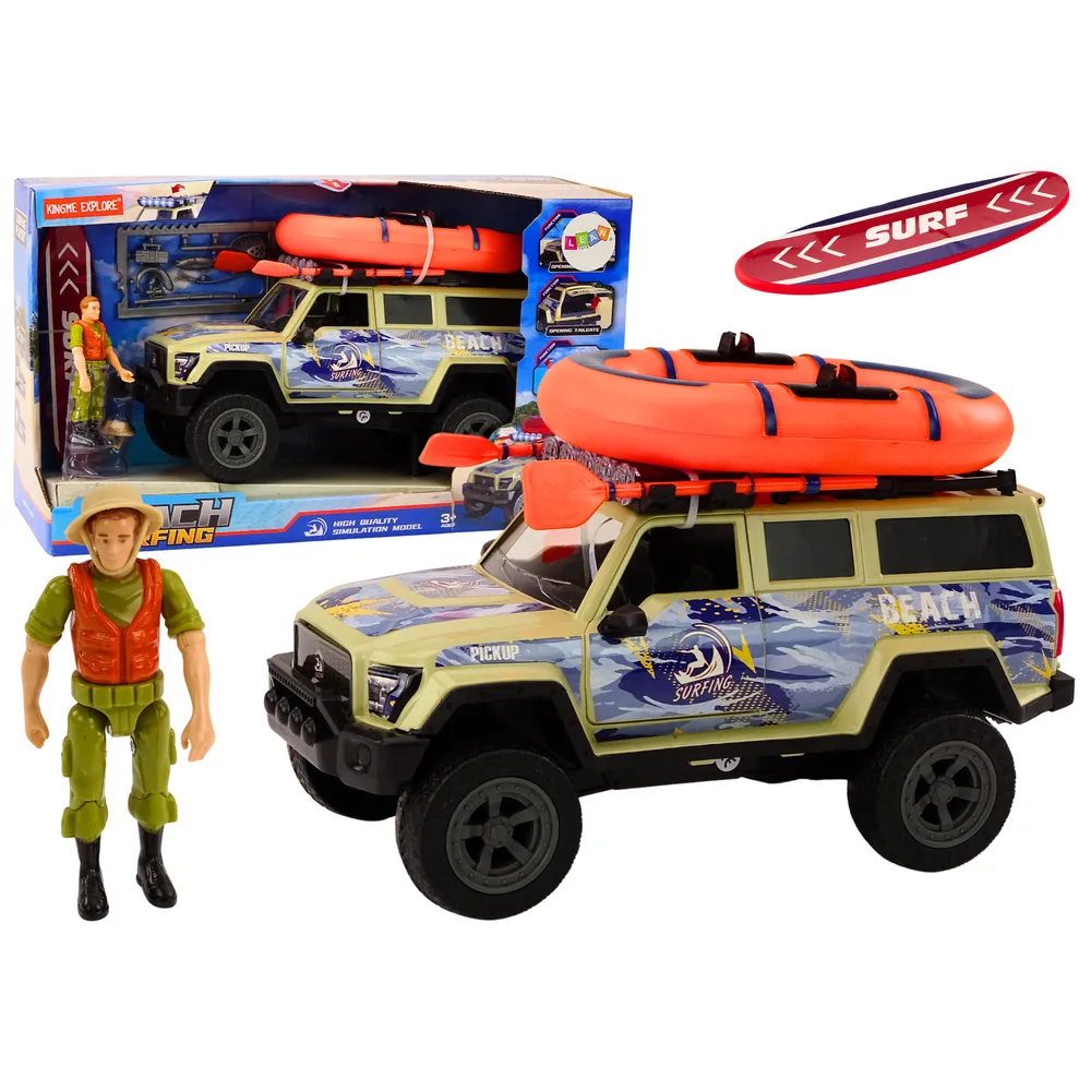 Samochód terenowy z pontonem i akcesoriami dla dzieci miłośników sportów wodnych