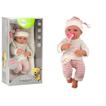 Lalka bobas w szarym sweterku i czapeczce z różowym smoczkiem