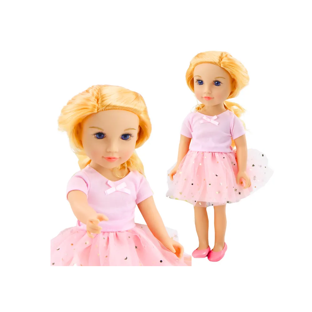 Różowa lalka z tiulową sukienką i złotymi gwiazdkami na tle opakowania