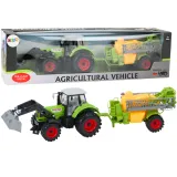 Zielony traktor zabawkowy z koparką i opryskiwaczem do kreatywnej zabawy