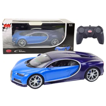 Licencjonowany samochód RC Bugatti Chiron niebieski w skali 1:14 na białym tle