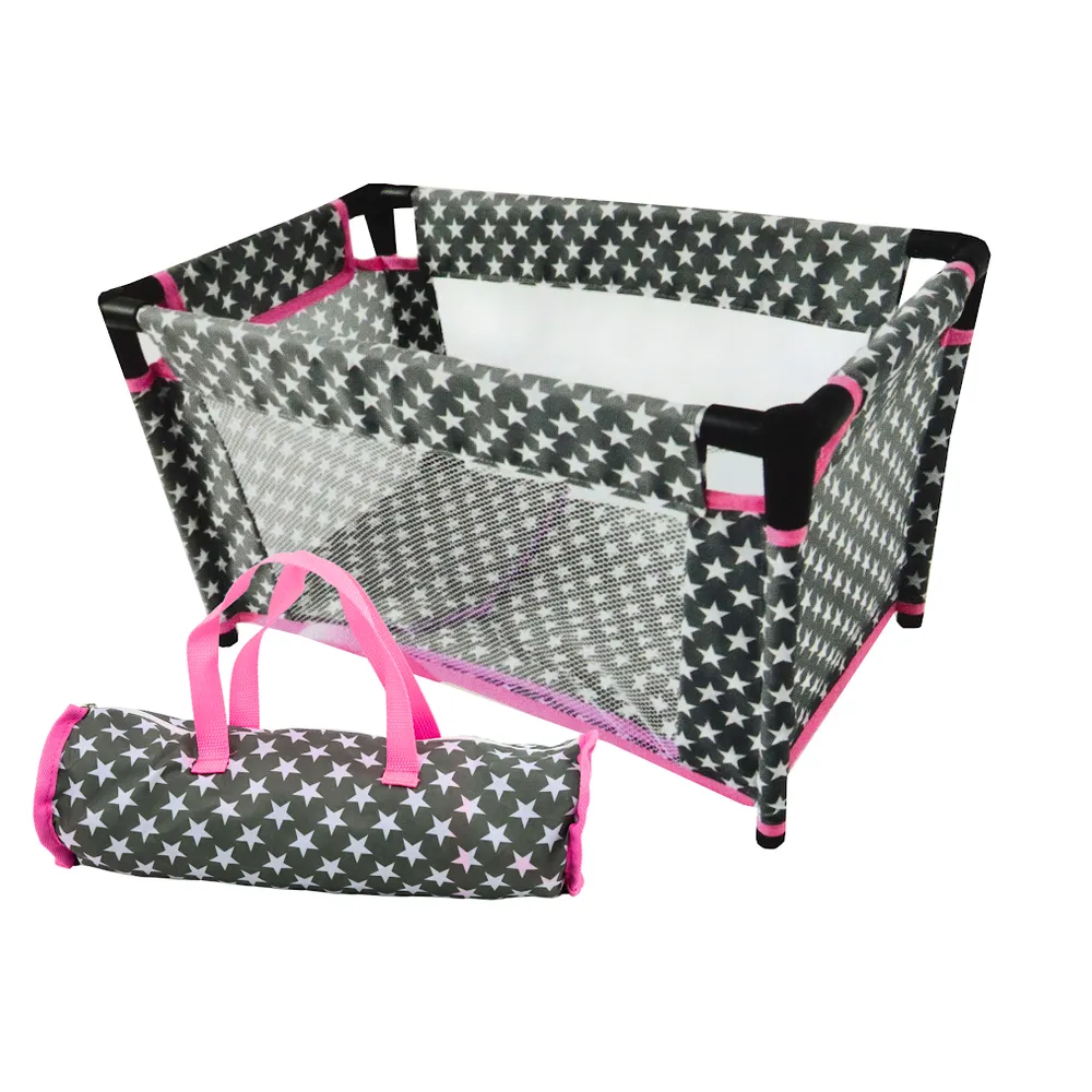 Szaro-różowe łóżeczko dla lalek Alice ozdobione białymi gwiazdkami