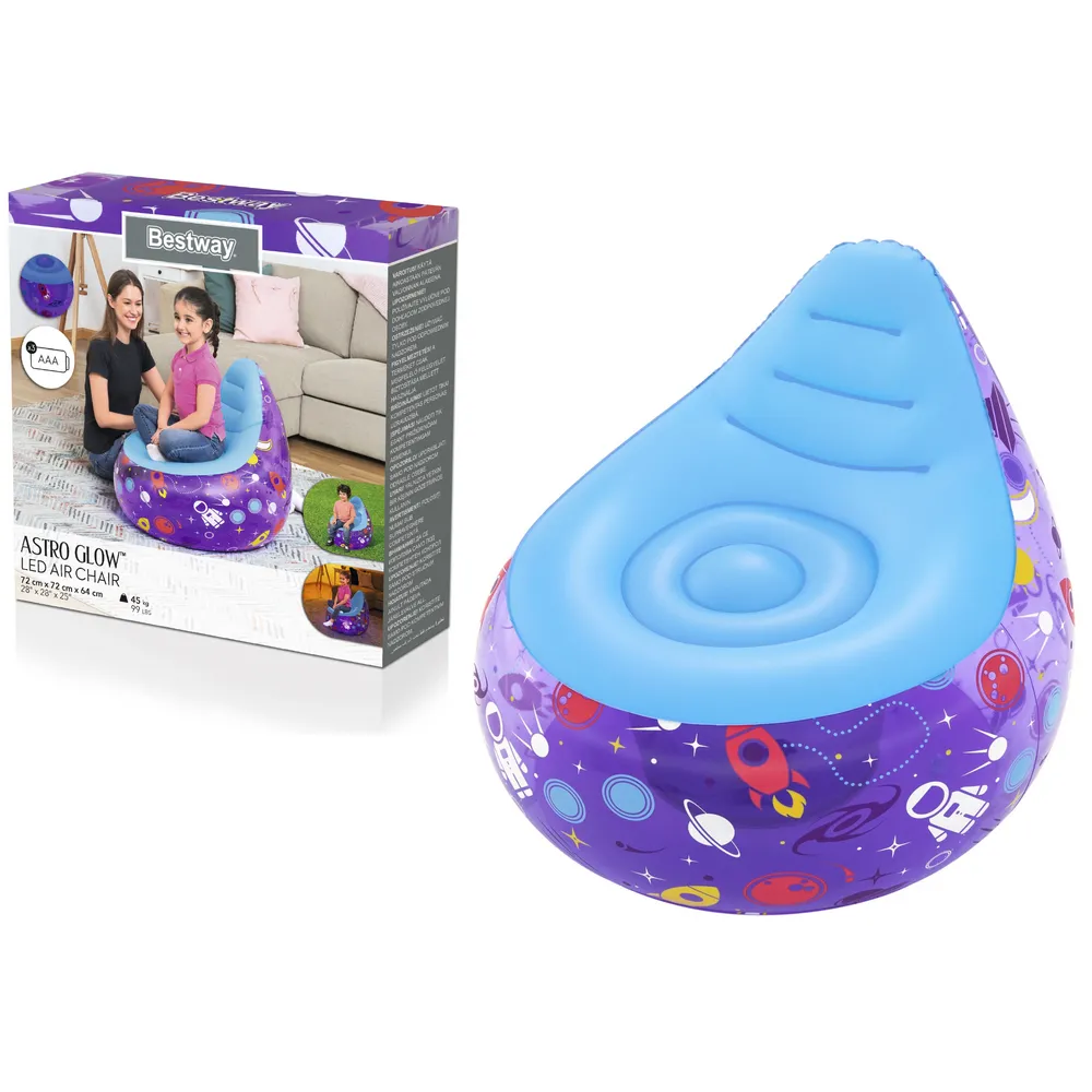 Fioletowy dmuchany fotel LED Kosmos Bestway na białym tle