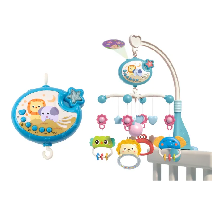 Niebieska pozytywka z lampką nocną i zawieszkami do łóżeczka dziecięcego